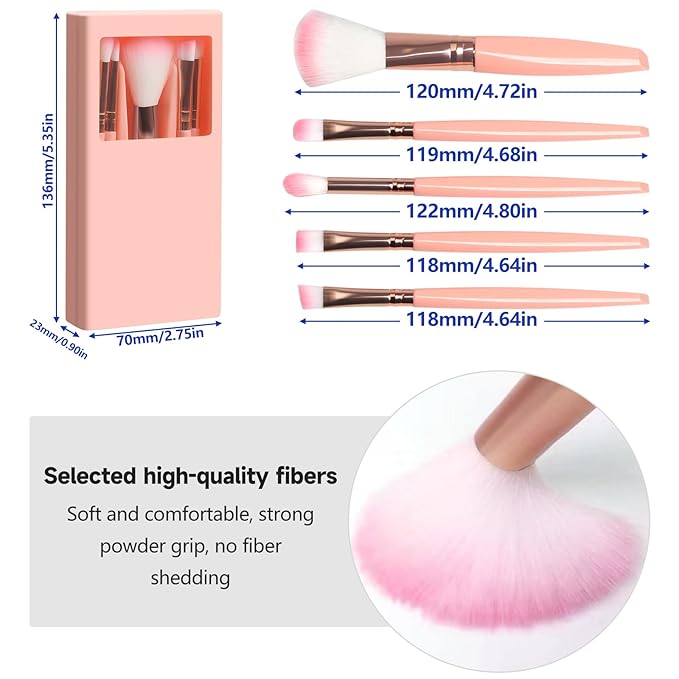 Travel Brush Set, Portable 5 PCS Mini Makeup Brushes with Mirror, Easy-taken Makeup Tool Set for Eyeshadow, Contour, Blush, Complete Function Cosmetic Profesional Tools (Pink)