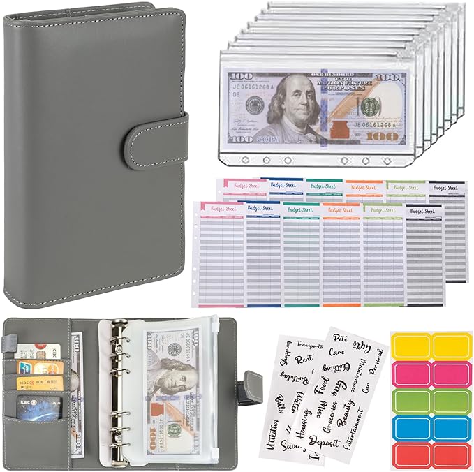 NICOOTHBudget Binder Cash Envelopes A6 Money Saving Binder with Zipper envelopes (Full Grey)