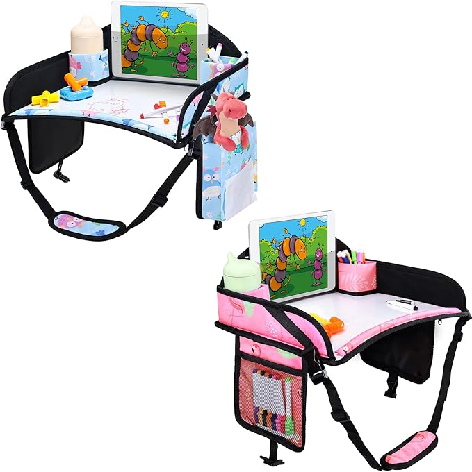 2PCS Kids Travel Tray, Car Seat Tray for kids Travel, Toddler Road Trip Essentials With Drawing Kit, Toddler Lap Desk Organizer for Car, Carseat Table for Airplane