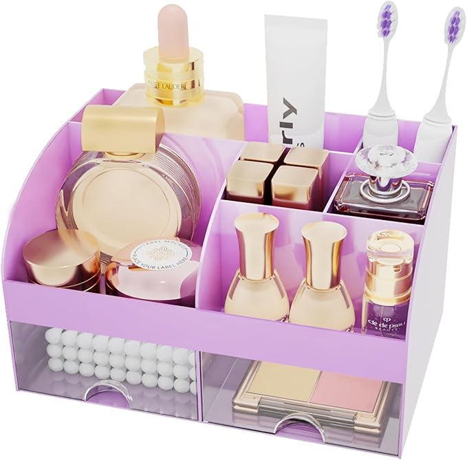 Makeup Organizer with 2 Drawers, Cosmetic Storage for Dresser Vanity and Bathroom Countertop, Makeup Organization and Skincare Storage with Beauty Brush Holder, Cosmetic Display Case (Purple)