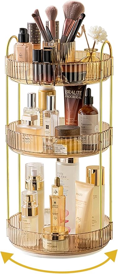 360 Rotating Makeup Organizer, 3-Tier Large Capacity Makeup Organizers and Storage, Skincare Perfume Vanity Organizers, Bathroom Cosmetics Storage Organizer Countertop (Gold)