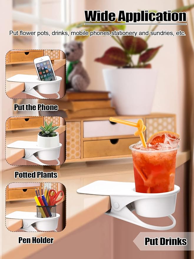 2PCS Drinking Cup Holder Clip, Kalolary Desk Bottle Cup Stand DIY Glass Clamp Storage Saucer Clip Water Coffee Mug Holder Saucer Clip Design for Home & Office, White
