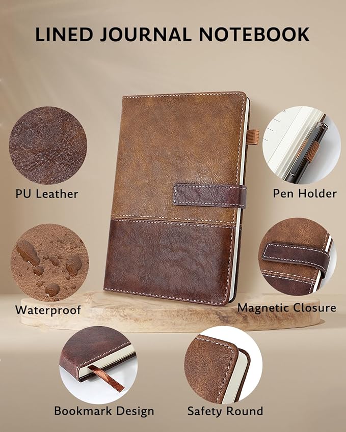 Leather Notebook Journal with Pen, A5 Lined Hardcover Notebook with Magnetic Closure, 240 Pages Daily Journal for Men Women, Ruled Journal Notebooks for Work, Writing, Note Taking - Brown