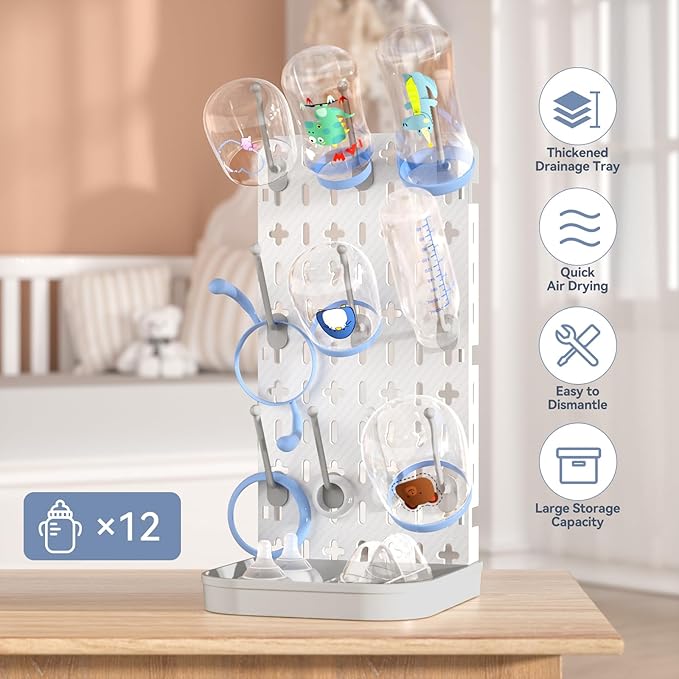 Baby Bottle Drying Rack Bottle Dryer Rack for 12 Bottle Drying Rack Space Saving Kitchen Countertop Vertical Cup Drainer Rack Detachable Baby Bottle Holder Storage Organizer Pump Part Dryer Rack Grey