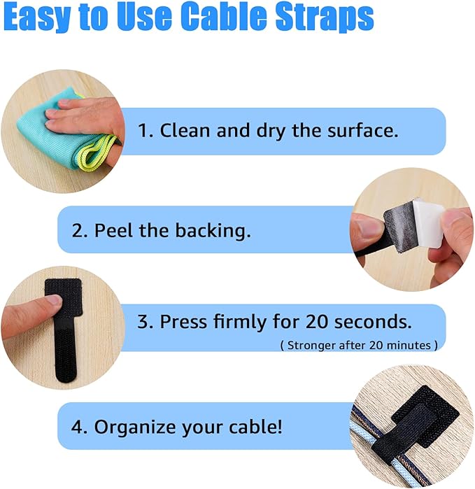 80PCS Hook and Loop Cable Ties, Hook and Loop Cable Straps, Under Desk Cable Management, Adhesive Cable Clips, Sticky-Back Cord Organizer for Desk, Household & Office Organization (White)