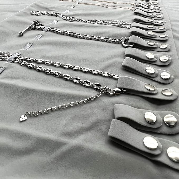 UnionPlus Velvet Travel Jewelry Roll Bag Organizer for Necklace, Elastic Band and Anti-winding, Large, Black and Gray