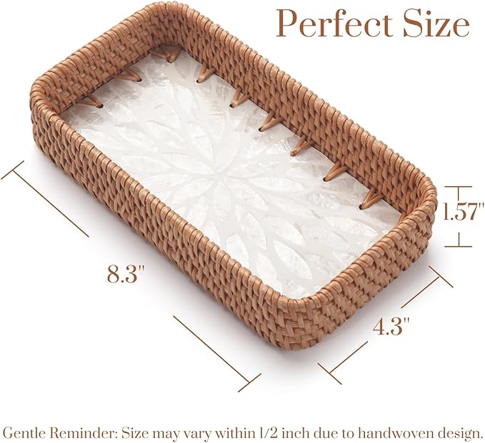 YANGQIHOME Jewelry Tray, Rattan Jewelry Organizer with White Leaf Base – Decorative Jewelry Organizer Dish for Rings, Watches, Keys – Ideal for Bedroom, Living Room, Entryway, Natural