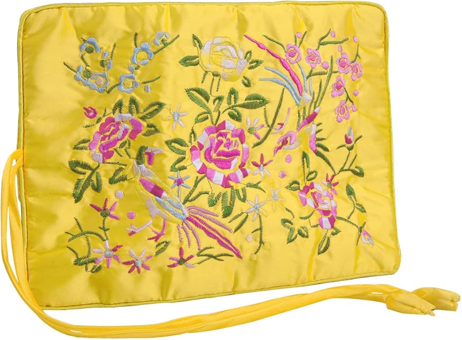 TUMBEELLUWA Embroidery Travel Jewelry Bag Roll Embroidered Flower and Bird Brocade Organizer with Tie Close