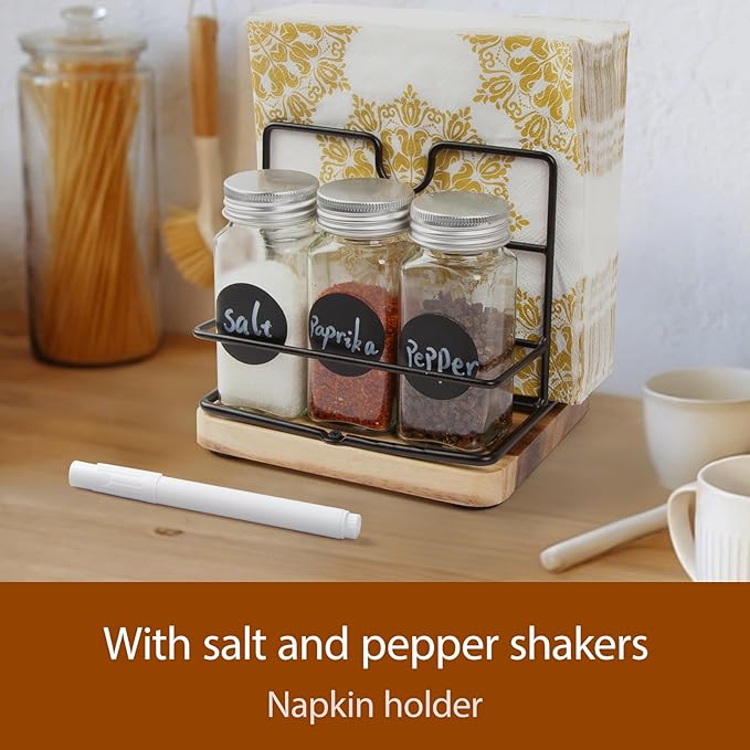 Wood Napkin Holder for Paper Napkin with Salt and Pepper Sharkers for Kitchen Dinner Table Counter Rustic Uplight Napkin Holder Disepenser for Restaurtant and Home Dinning.(Includ 3 Spice Bottles)