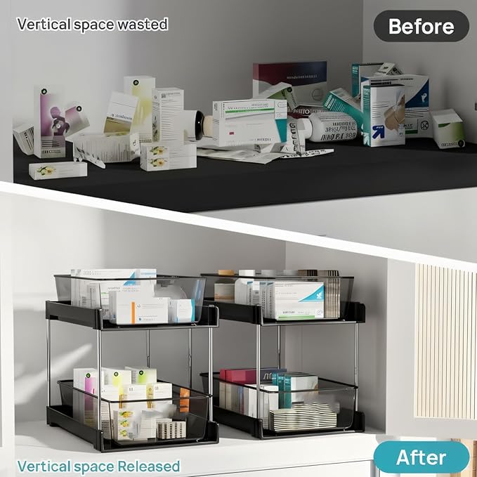 2 Pack 2 Tire Under Sink Organizer, Bathroom Organizers and Storage,Cabinet Drawers Bins, Pull-Out Organization with Track for Pantry, Kitchen,Fridge,Vanity Countertop (Black Clear