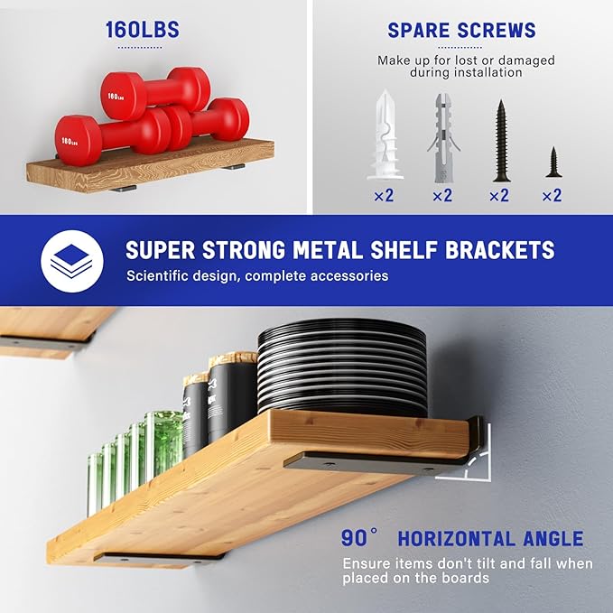 Goovilla Shelf Bracket, Heavy Duty Floating Shelf Brackets 4 inch Long, 6 Pack Brackets for Shelves, Black Coated Metal Wall Shelf Support Brackets with 1/5 Inch Thick and 160 lb. Load Capacity