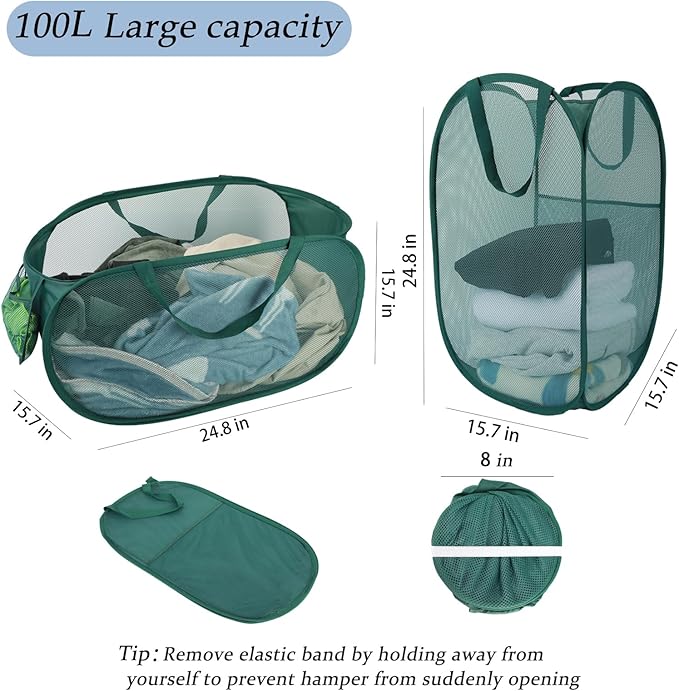 Upgraded Extra Large Mesh Pop Up Laundry Hamper 2 Pack, 100L Foldable Laundry Baskets, Dirty Clothes Hamper with Handles, Collapsible Hampers for Laundry Travel, Dorm or Home. Green