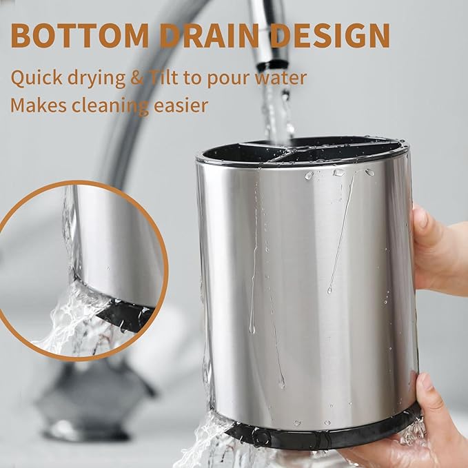 Extra Large Kitchen Utensil Holder, 360° Rotating Stainless Steel Cooking Utensil Holder for Countertop, 3 Compartment Flatware Organizer & Cooking Caddy with Removable Base (Silvery)