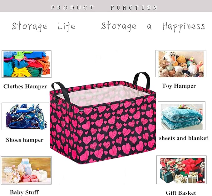 KUNRO Rectang Heart Pattern Vantine's Storage Basket Gift Shelf Basket Storage Bin, Nursery Basket Organizer Box for With Handles for Room Deco