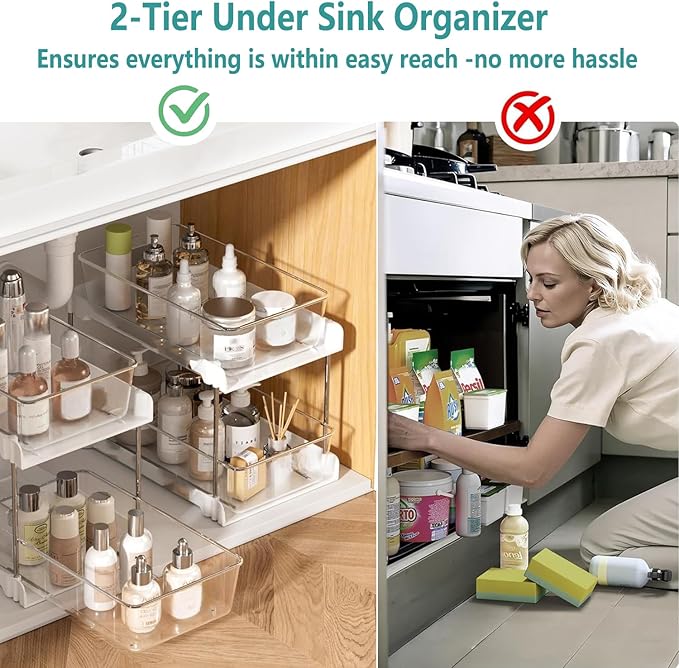 2 Pack Bathroom Organizers and Storage,2-Tier Clear Under Sink and Pull-Out Cabinet Organizer with Track for Kitchen, Pantry,Vanity Countertop,Medicine Cabinet,Closet Drawer Bins (White)
