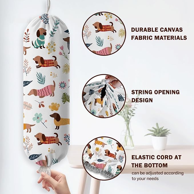 Plastic Bag Holder, Grocery Bag Organizer Storage, Kitchen Dispenser Holders Reusable Shopping with Free Adjustment Drawstring Closure for Home Kitchen Decor, Dachshund