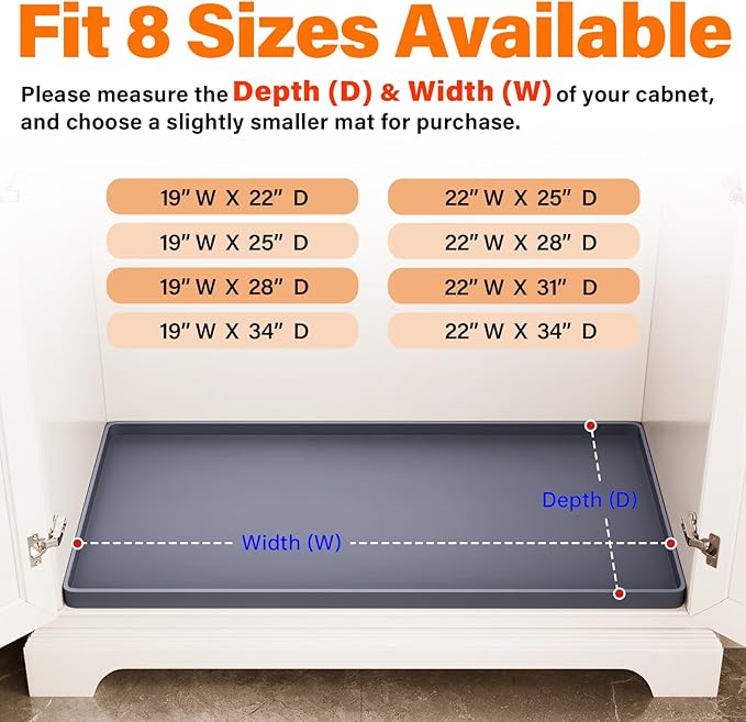 FLATO Waterproof Under Sink Mat 22" x 19" Shelf Liner for Kitchen and Bathroom, Cabinet Protector, Organizers and Storage, Flexible Silicone Drip Tray