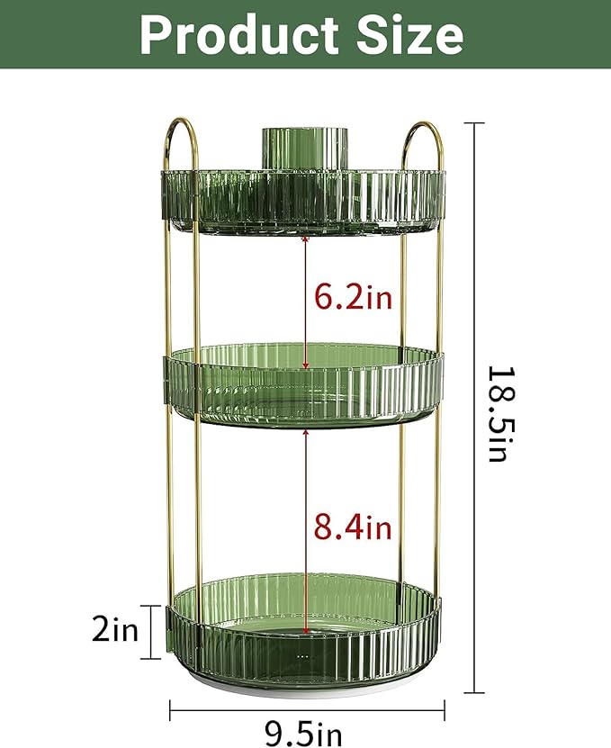 360 Rotating Makeup Organizer, 3-Tier Large Capacity Makeup Organizers and Storage, Skincare Perfume Vanity Organizers, Bathroom Cosmetics Storage Organizer Countertop (Green)