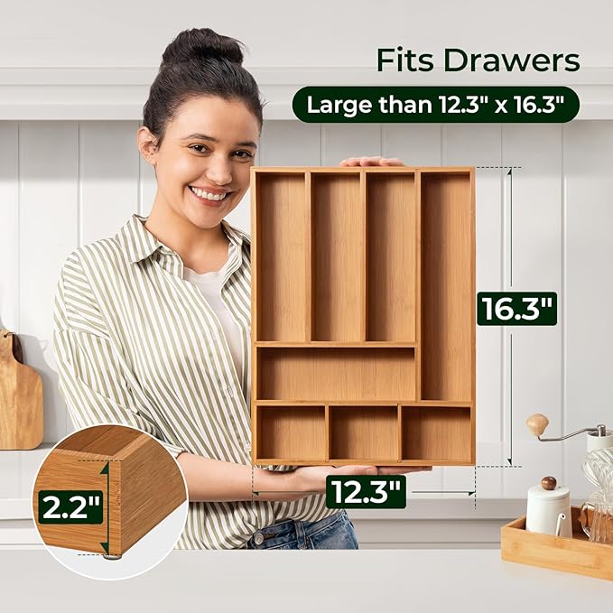 keechee Carbonized Bamboo Kitchen Drawer Organizer, 8 Slots Silverware Organizer, Utensil Holder & Cutlery Tray, 2.2" Deep for Extra Capacity, Non-Slip Feet Included