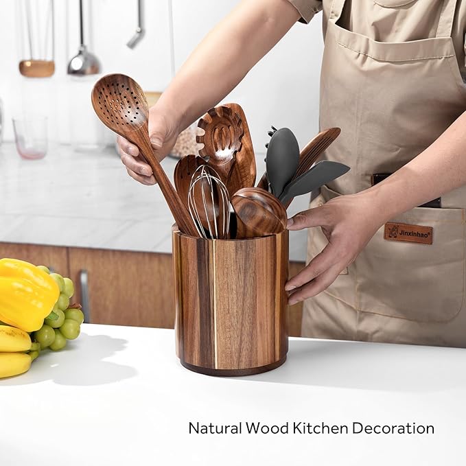 Wooden Utensil Holder,360°Countertop Rotating Extra Large Cooking Utensil Holder 7.6" Kitchen Holder,Kitchen Utensil Organizer for Countertop Farmhouse Decor