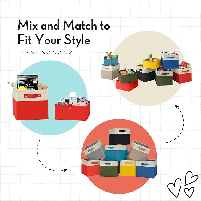 RiverRidge Kids 6pc Folding Storage Bins Set - 10.5”W x 5”H Fabric Boxes with Handles for Closet Organizer & Storage - Black Cube Storage Organizer for Toys, Clothes & Crafts - Fits RiverRidge Shelves