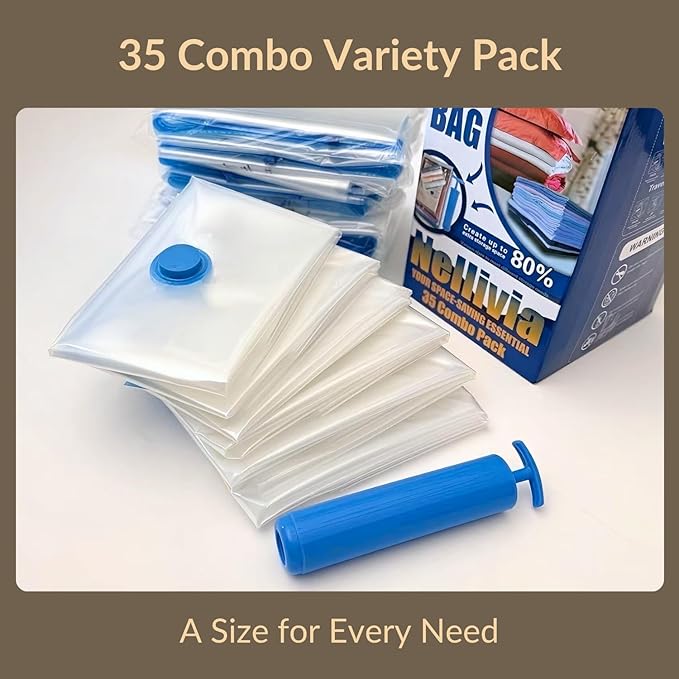 35 Pack Vacuum Storage Bags with Pump, Compression Space Saver for Comforters, Bedding, Blanket Storage, Vacuum Seal Bags for Clothing, Luggage and Closet Organizer, Safe Poly Material