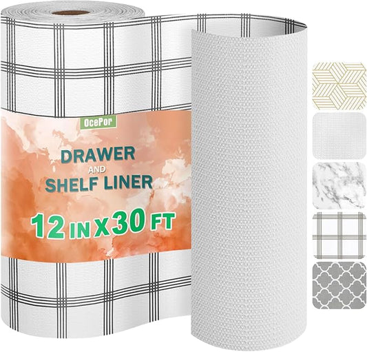 OcePor Non-Adhesive Drawer and Shelf Liner 12IN x 30FT，Non Slip Cabinet and Cupboard Liner, Kitchen Cabinet Liners for Shelves, Waterproof Drawer Shelf Liners for Cabinets/Bathroom Cupboard, Stripe