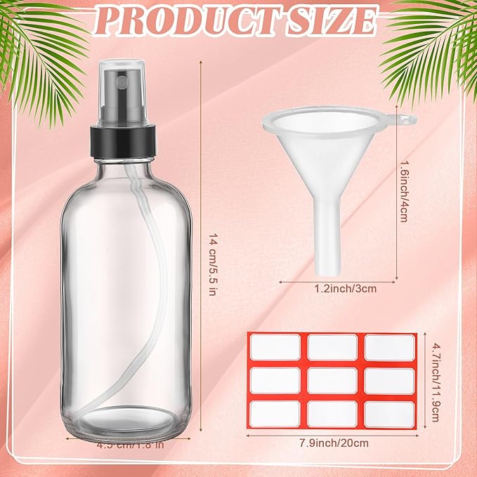 Fumete 2 Pack Glass Bottles 4oz Empty Refillable Liquid Containers with 1 Label 1 Funnel for Essential Oils Hair Travel Plants Cleaning Skin Care(Clear, Black Top,Mist Bottle)
