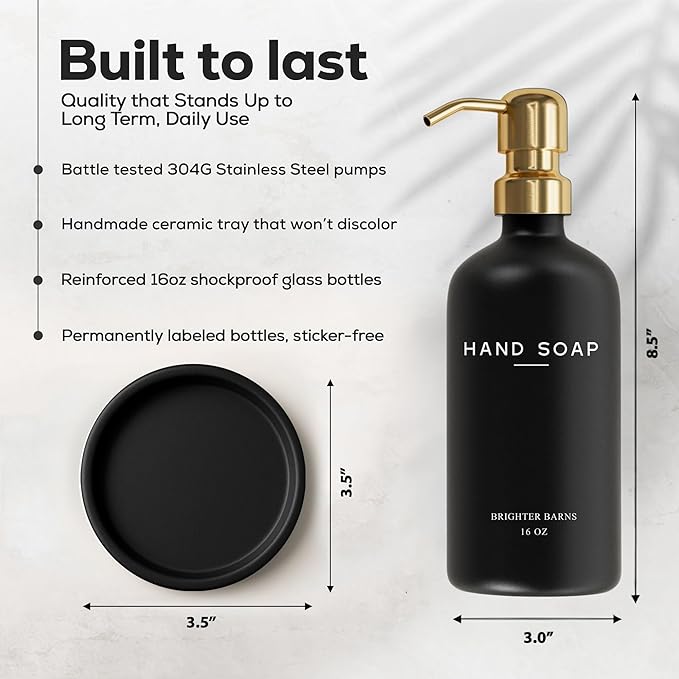 Luxury Glass Hand Soap Dispenser Bathroom Set by Brighter Barns - Refillable Glass Bottle Set - Hand Soap Dispenser for Black and Gold Bathroom Decor, Vacation Rental, Office, Spa, Hotel (Black/Gold)
