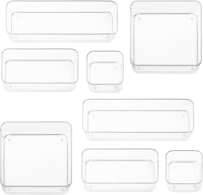 primebox Eight Piecs. Plastic Clear Drawer Organizers for Bathroom, Kitchen, Bedroom, Office Organizer Bins, Storage Trays. Heavy Duty, Stackable 4 Sizes