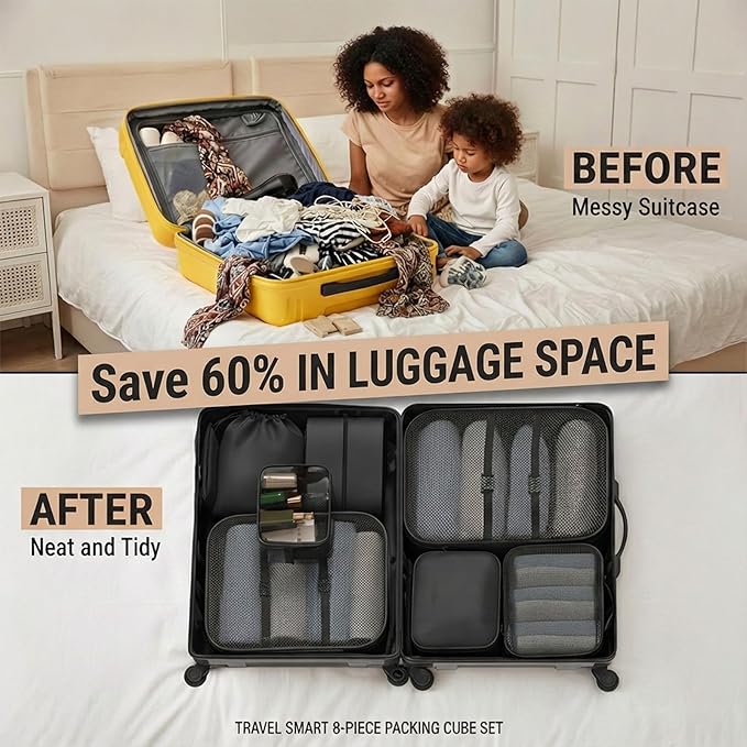 8 Set Packing Cubes for Travel with Clear Toiletry Bag, Durable Luggage Packing Organizers for Suitcase, Carry-On Accessories, TSA Approved See-Through Cubes, Space-Saving Storage Bags