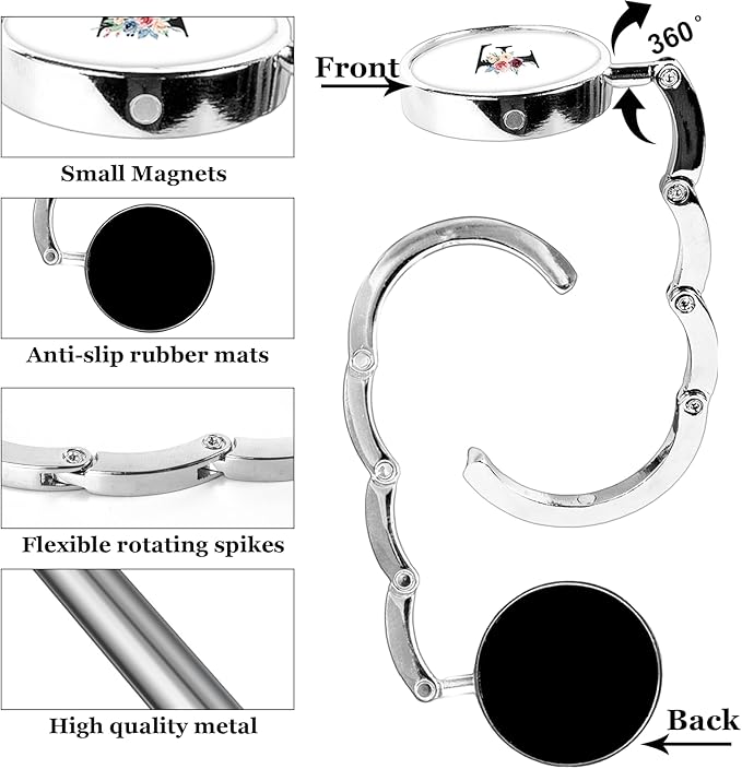 XSUIOY 3Pcs Personalized Initial Foldable Purse Hook for Table,Crushed Flower Letters Folding Purse Hanger,Purse Holder Handbag Hanger Collection Desk Table Bag Hooks Gifts for Women Bag(Black-F)