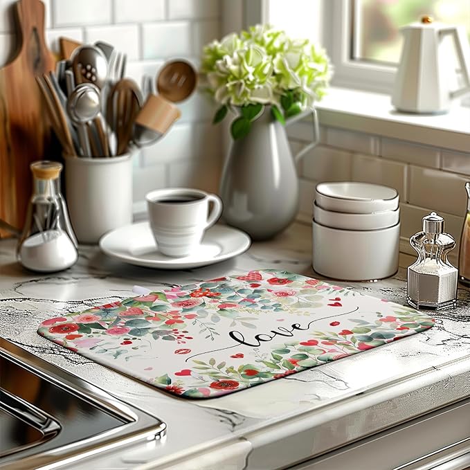Valentines Day Love Heart Rose Eucalyptus Leaves Dish Drying Mat for Kitchen Counter 16x18 Inch Spring Valentine Microfiber Absorbent Dish Drainer Mats Reversible Drying Pad