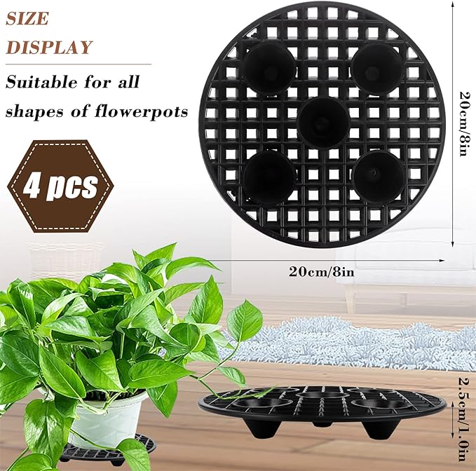 JiaUfmi 4 Pcs Plant Pot Elevator, Heavy Duty Stand, Black Round Plant Holder, 8 Inch Plastic Risers for Indoor Outdoor Garden Deck Floor Protector (4 Pieces)
