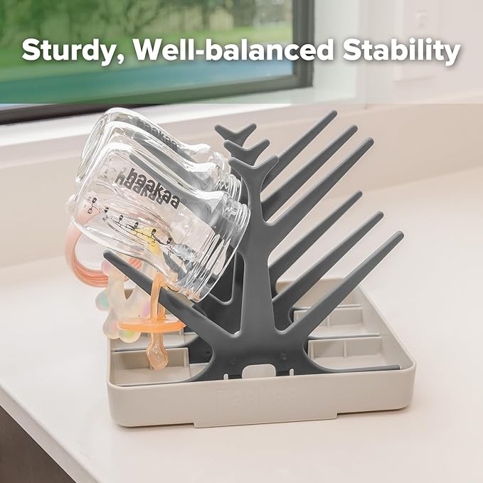 haakaa Portable Baby Bottle Drying Rack with Tray, Space Saving Bottle Drying Tree for Bottles/Pump Parts/Pacifiers,Easy-Store Dryer Rack Great for Home & Travel, BPA Free (Grey)