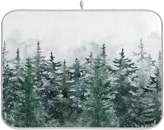 Winter Forest Scenery Dish Drying Mat for Kitchen Christmas Tree Snow Xmas Microfiber Drying Mats Absorbent Reversible Dish Pad Large Dish Draining Mat 18x24 inch