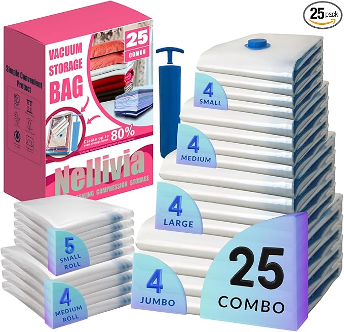 25 Pack Vacuum Storage Bags with Pump, Compression Space Saver for Comforter, Bedding, Blanket Storage, Vacuum Seal Bags for Clothing, Luggage and Closet Organizer