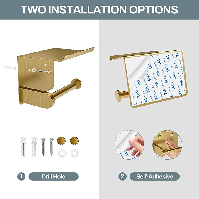 SetSail Toilet Paper Holder with Shelf Adhesive or Screw-in Bathroom Toilet Paper Roll Holders Wall Mount Gold Tissue Holder for Bathroom Hardware Accessories