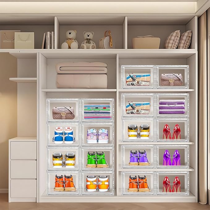 6-Pack Shoes Organizer Box, Clear Stackable Baseball Caps Holder with Secure Buckle-Door,Hat Rack Display Case,Durable and Hard PP Material Storage Box for Caps, Hats,Shoes and Accessories