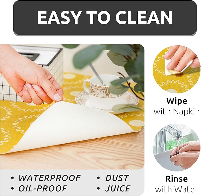 FIFTY FEET 18X96 Inch Shelf Liner for Kitchen Cabinets, PVC Drawer Liner for Dresser Non-Slip Bathroom, Non-Adhesive Cabinet Liner Washable (Yellow Circle)(2 Roll)