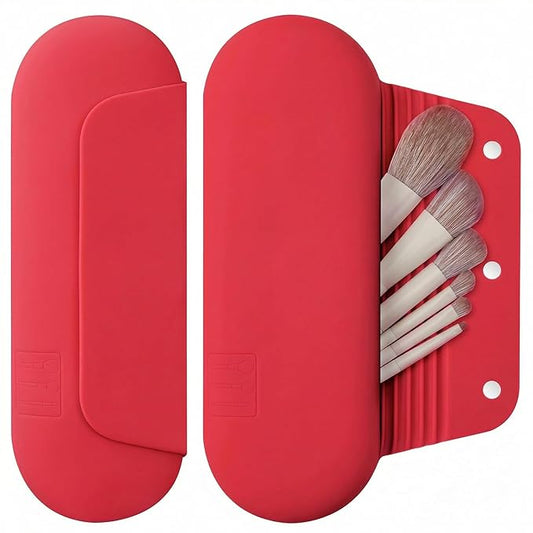 AGIKET Silicone Makeup Brush Holder Travel Cosmetic Bag：Soft Portable Cosmetic Face Brushes Holder with Upgrade Anti-Fall Out Magnetic Closure, Large Travel Makeup Brush Case - Carmine