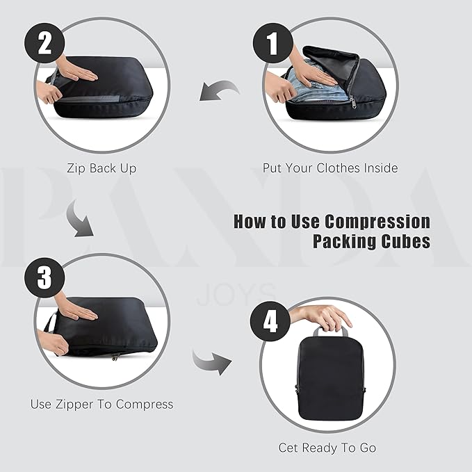 4 Set Compression Packing Cubes Travel - Travel Accessories Expandable Packing Organizers for Carry On - Essentials Luggage Bags - Black