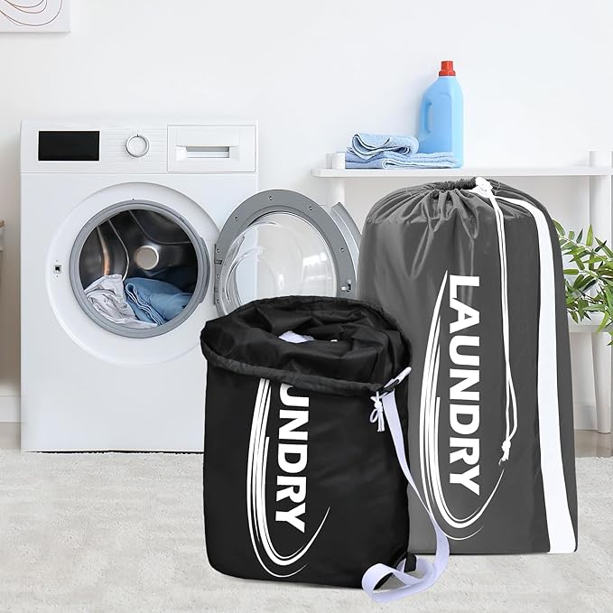 Sylfairy 2 Pack XL Laundry Bag with Strap, Heavy Duty Travel Laundry Bag, Rip-Stop Dirty Clothes Shoulder Bag with Drawstring, Easy Fit a Laundry Hamper or Basket Travel Essentials