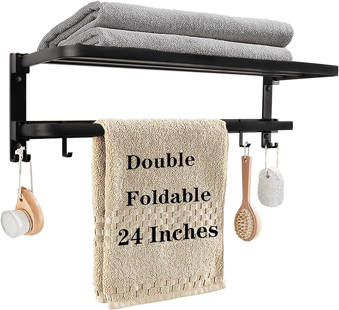 Towel Racks for Bathroom, Foldable Towel Shelf with Towel Bar & 7 Towel Hooks, Rustproof Double Bath Towel Holder Wall Mounted Towel Storage Hanger for Bathroom/Balcony/Lavatory (24in Black)