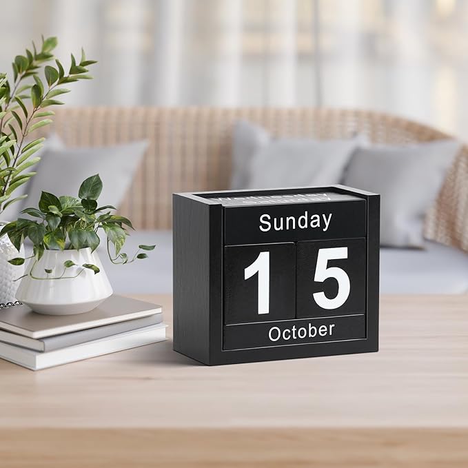 Wooden Block Calendar for Desk, Daily Desktop Perpetual Desk Calendar, Cute Date Display Blocks Desk Accessory for Home Office Decor, Teacher, Classroom, Reusable Yearly, Black