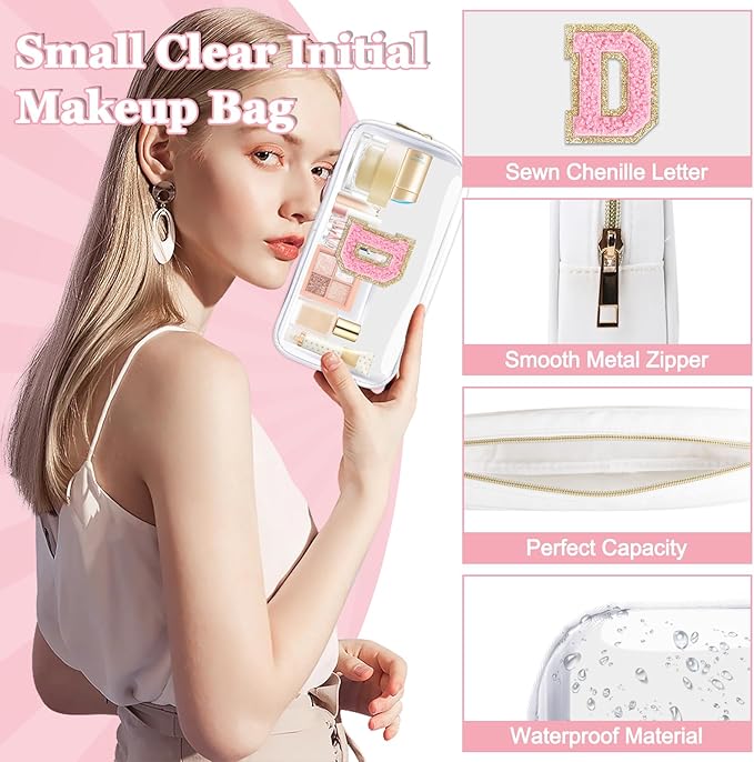 Small Clear Personalized Initial Makeup Bag,Nylon Preppy A-Z Chenille Letter Patch Cosmetic Pouch Beach Toiletry Bag,Waterproof Zipper Travel Purse Storage Bag Organizer for Women Girls(White-Pink D)