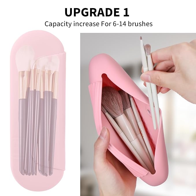 AGIKET Silicone Makeup Brush Holder Travel Cosmetic Bag: Soft Portable Cosmetic Face Brushes Holder with Upgraded Anti-Fall Out Magnetic Closure, Large Travel Makeup Brush Case - Pink