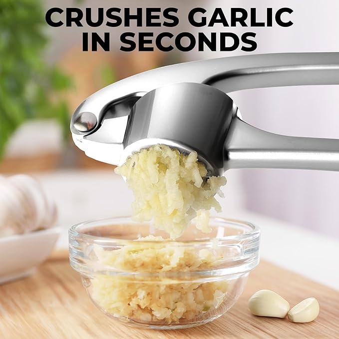 Zulay Kitchen Large Premium Garlic Press Set - Bigger Bowl for Bigger Garlic - Rust Proof & Dishwasher Safe Garlic Mincer Tool - Easy-Squeeze, Easy-Clean Silicone Garlic Peeler & Brush (Chrome)