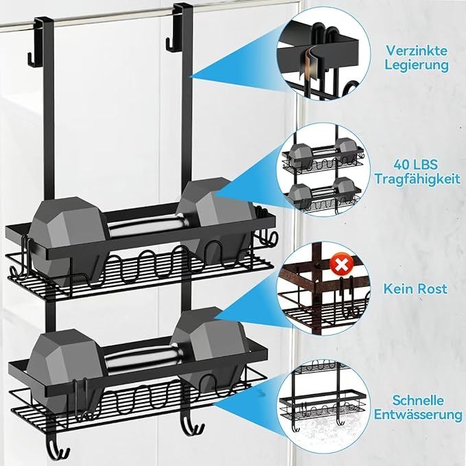 Over the Door Shower Caddy Hanging, 3-in-1 Rustproof Shower Organizer for Glass Door, No Drilling Shower Shelves with 4+3 Hooks, Wave Design, Stable, Adjustable Suitable for Kitchen/Bathroom/Balcony