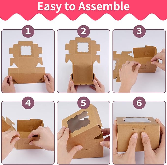 WINKIO 24pcs Brown Cookie Boxes, 4x4x2.5 Inches Bakery Boxes with Window, for Mini Cake Treat Dessert Pastry Donuts Macaroon Strawberries Chocolate Candy (with Stickers)